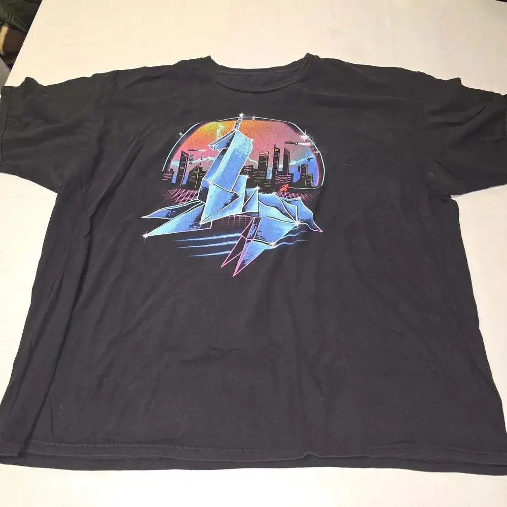 Pixel Empire The Silver Origami Cyberpunk Synthwave Graphic T-Shirt Black